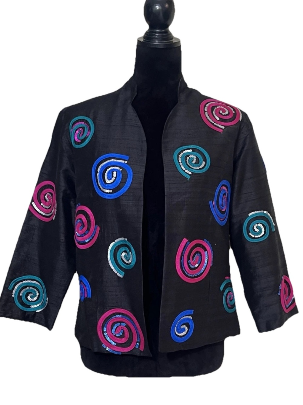BLEU BAYOU Vintage Women’s Colorful Embroidered Silk Open Front Jacket Size M
